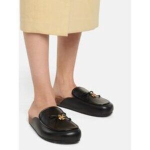 Tory Burch Charm Mules Flat Slip-on Black Genuine Leather Natural Cork US Size 7